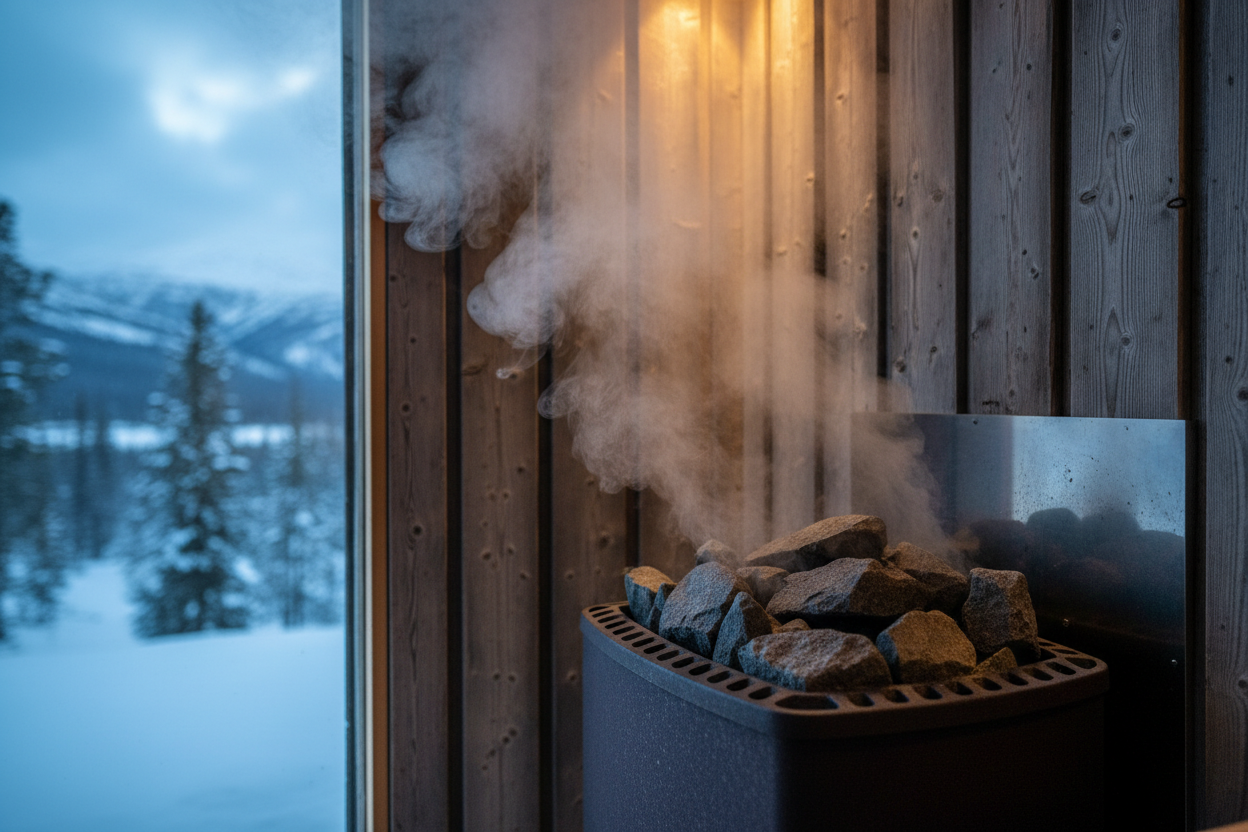 “Create a hyper-realistic cinematic video capturing authentic Nordic sauna culture.



The scene takes place in a real wooden outdoor sauna made of natural Scandinavian timber with visible grain and texture. Show hot sauna stones inside a real, slightly weathered sauna stove.

Thick, natural steam rises realistically from the stones — not stylized, not animated, but behaving exactly like real, physics-based steam: soft, chaotic, swirling, drifting upward and dispersing slowly in the cold air.
